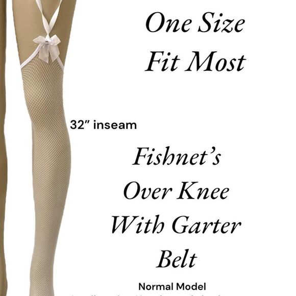 White Satin Bow Ruffle Garters Thigh High Belt Fishnet Stockings NEW - Picture 3 of 4